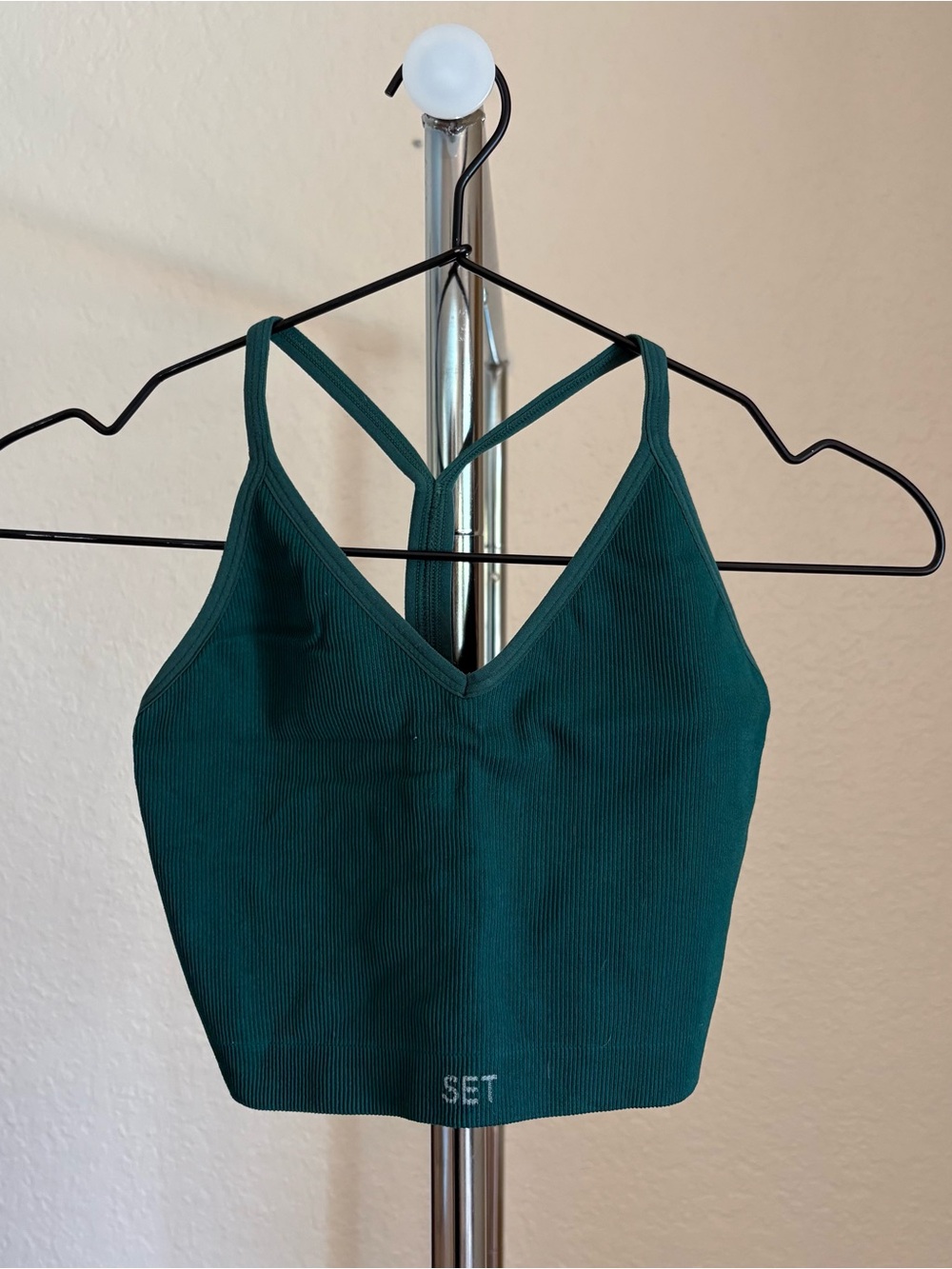 Dark Green Ribbed V-Neck Crop Tank